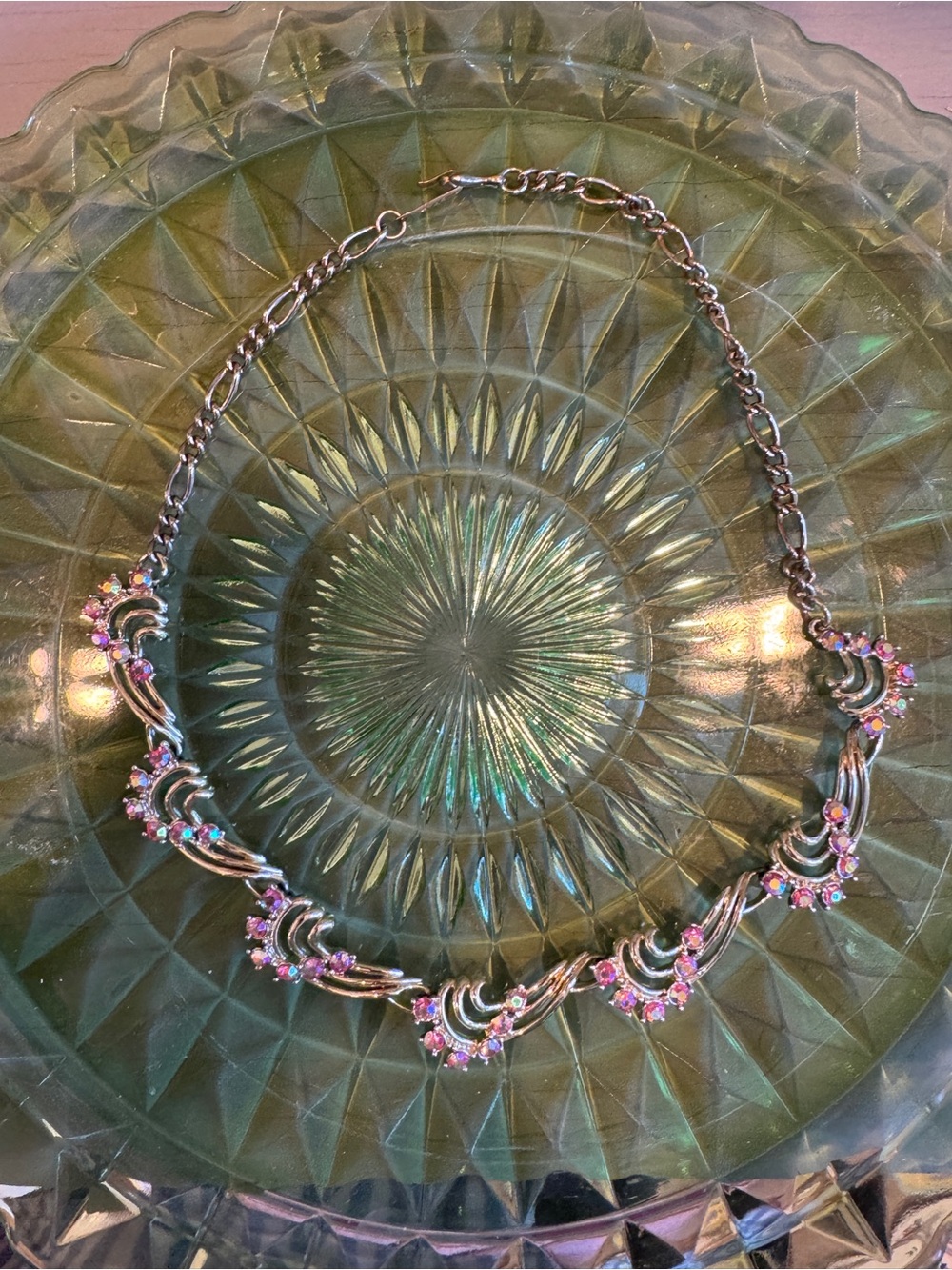 Vintage STAR Signed Gold Tone Pink Aurora Borealis Rhinestone Crystal Necklace